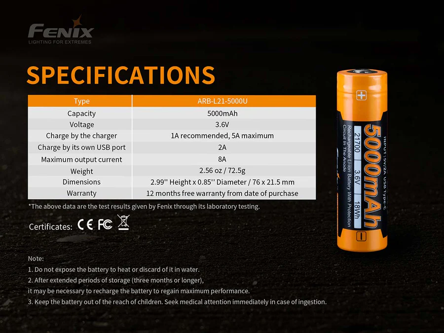 Fenix Batteria Ricaricabile USB-C 5000 mAh